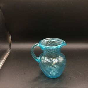 VTG Hand Blown Creamer Mini Pitcher Vase Art Glass Blue Swirl Cottage Core 3”